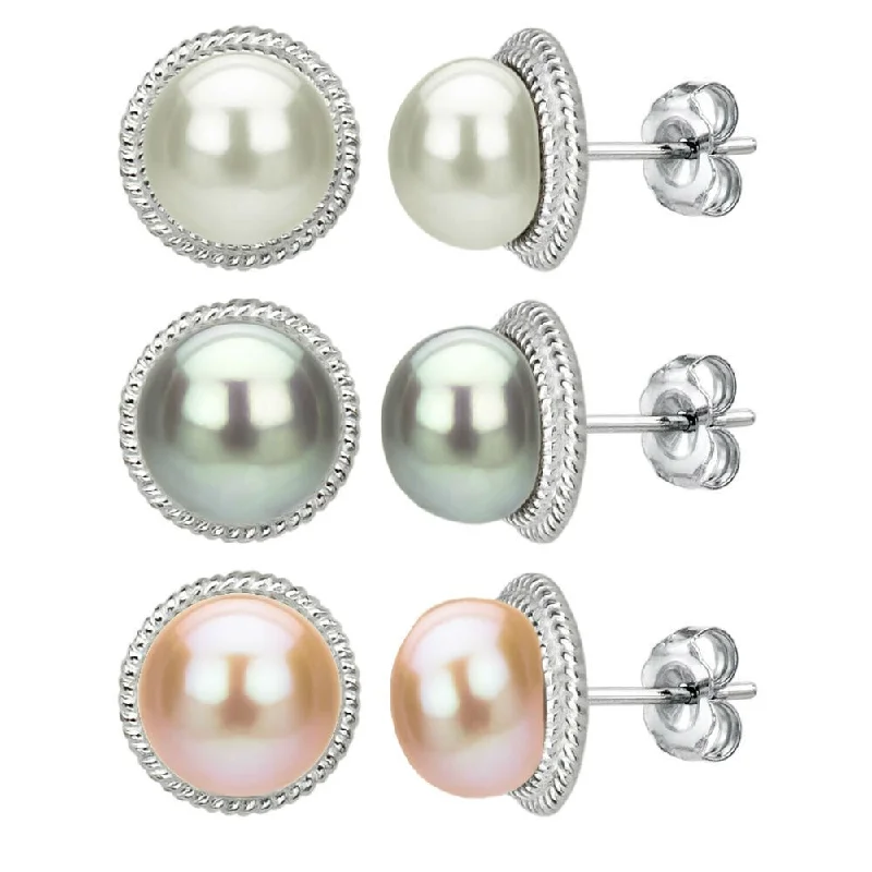 DaVonna Sterling Silver White Grey and Pink Pearl Earring Set (9-10 mm)