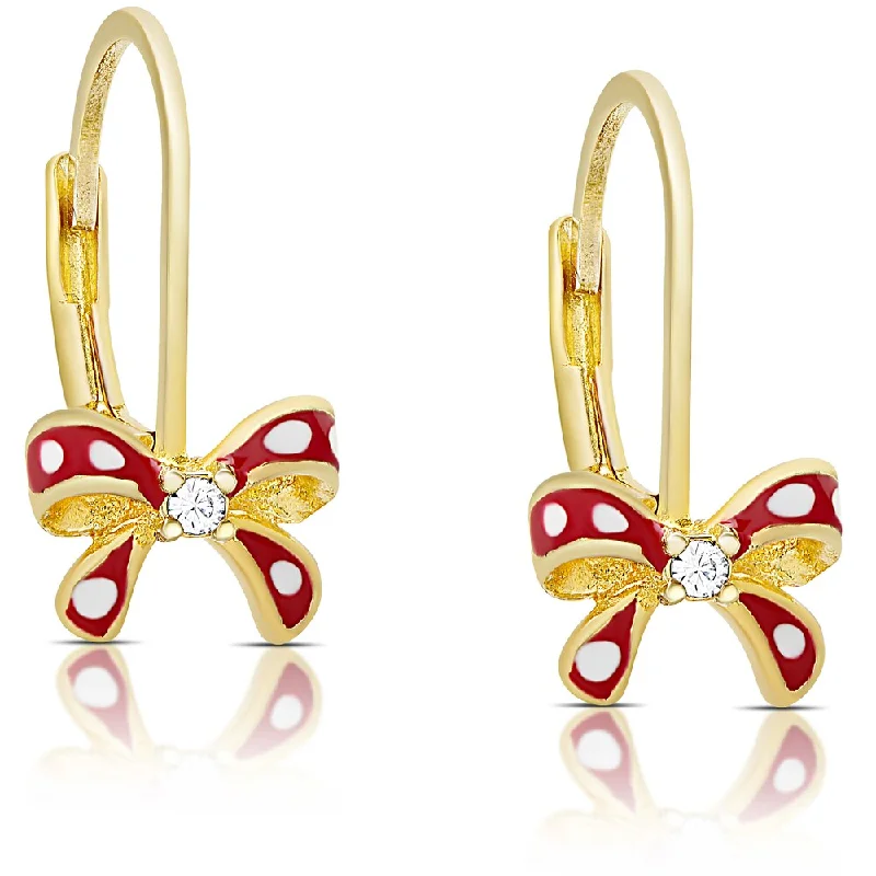 Molly and Emma Gold over Sterling Silver Children's Cubic Zirconia and Enamel Bow Earrings