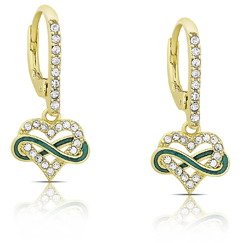 Molly and Emma Gold Overlay Cubic Zirconia and Green Enamel Heart and Infinity Design Leverback Earrings