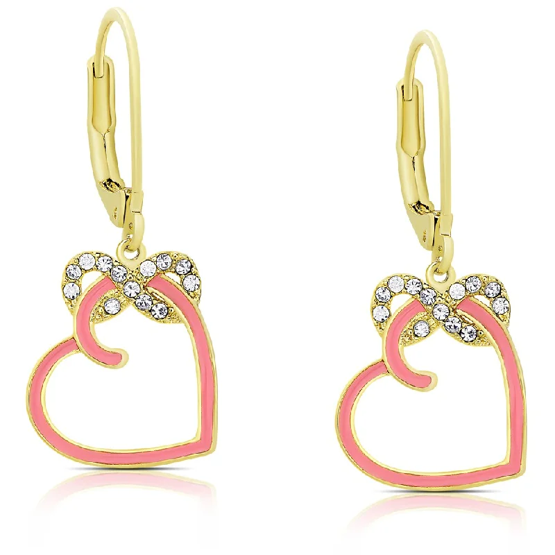 Molly and Emma Gold Overlay Cubic Zirconia and Pink Enamel Heart and Infinity Design Dangle Earrings