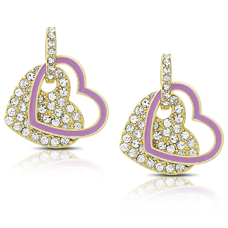 Molly and Emma Gold Overlay Cubic Zirconia and Purple Enamel Heart Design Dangle Earrings