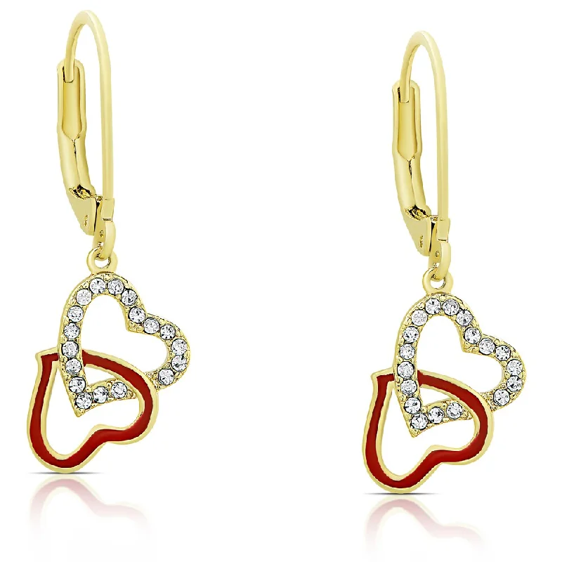 Molly and Emma Gold Overlay Cubic Zirconia and Red Enamel Intertwine Dangle Earrings