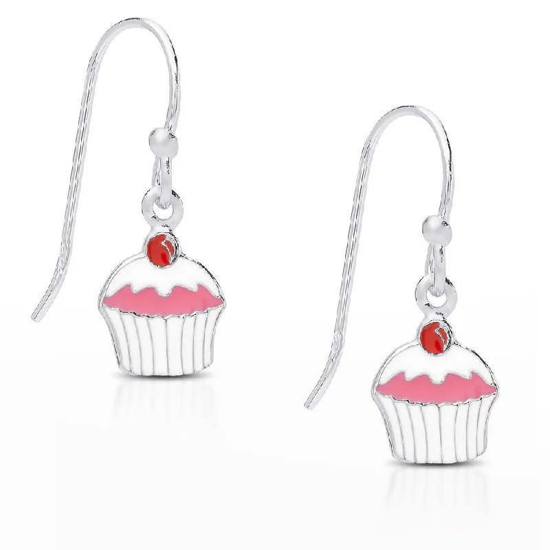 Molly and Emma Sterling Silver Pink Enamel Dangling Cupcake Earrings