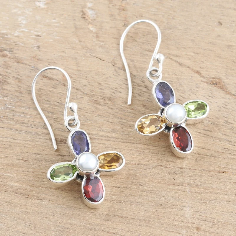 Novica Handmade Colorful Floral Dream Multi-Gemstone Dangle Earrings