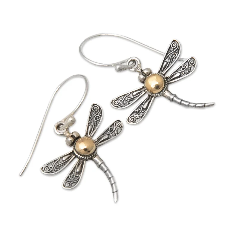 Novica Handmade Dragonflys Spell Gold-Accented Sterling Silver Dangle Earrings