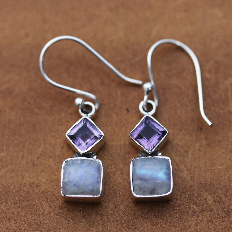 Novica Handmade Misty Harmony Rainbow Moonstone And Amethyst Dangle Earrings