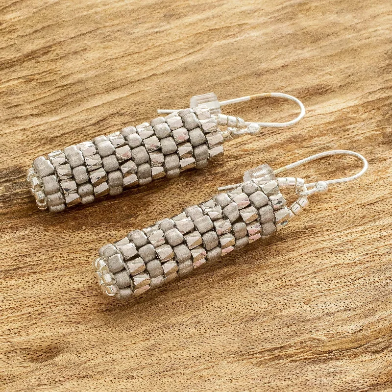 Novica Handmade Silvery Pillars Beaded Dangle Earrings