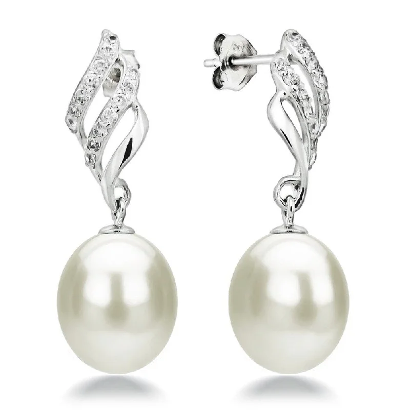 Sterling Silver Leaf Spiral .25tcw CZ 9-11mm Long-shape White Freshwater Pearl Dangle Earrings